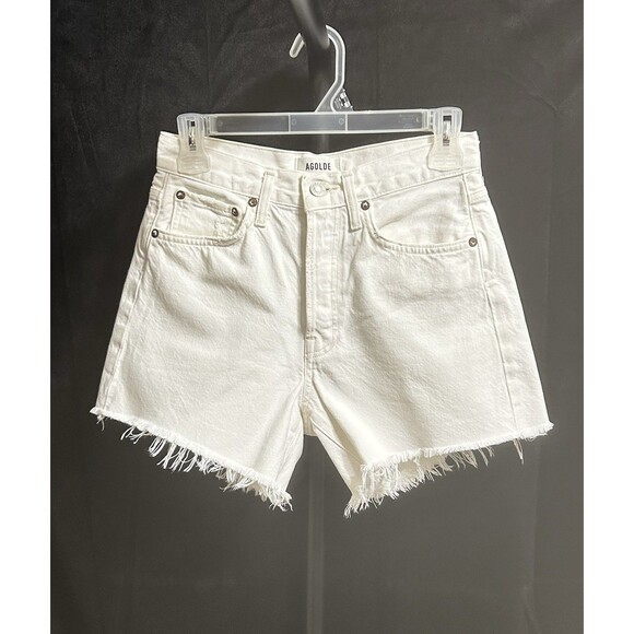 Agolde Womens 23 White Distressed Cotton Low Rise Button Fly Shorts - Picture 1 of 10